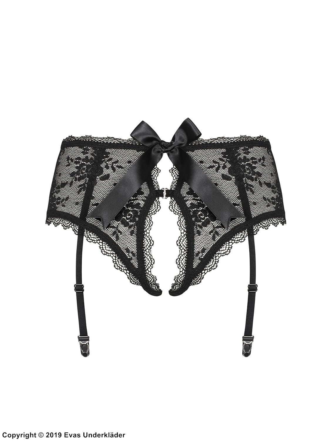 Garter belt and panty, big bow, open crotch, floral lace